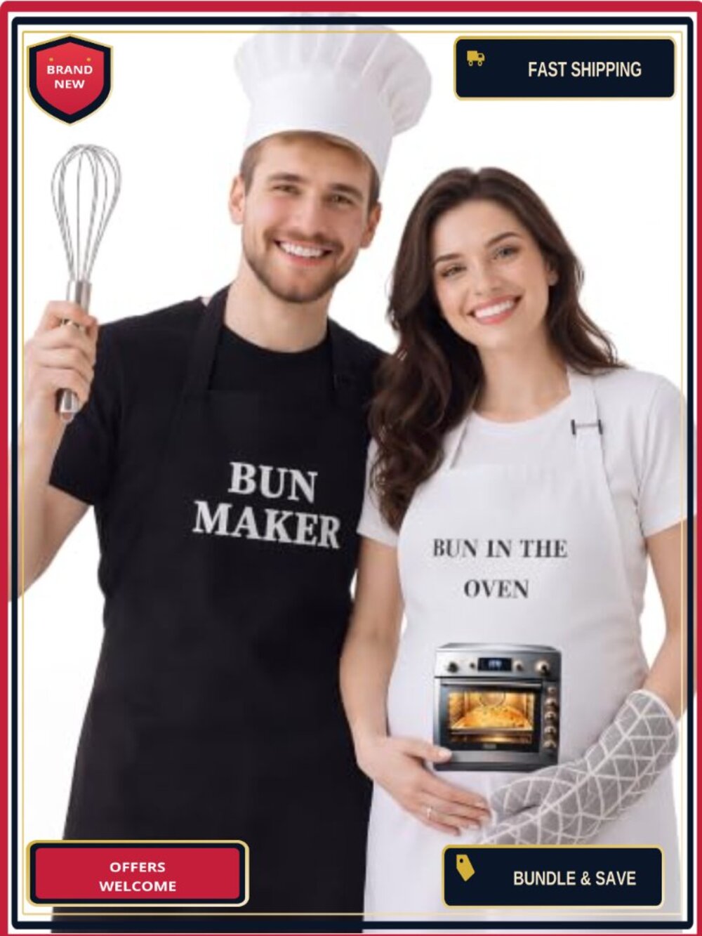 5 Pc Bun in the Oven Bun Maker Couples Costume Aprons Chef Hat Whisk Set
